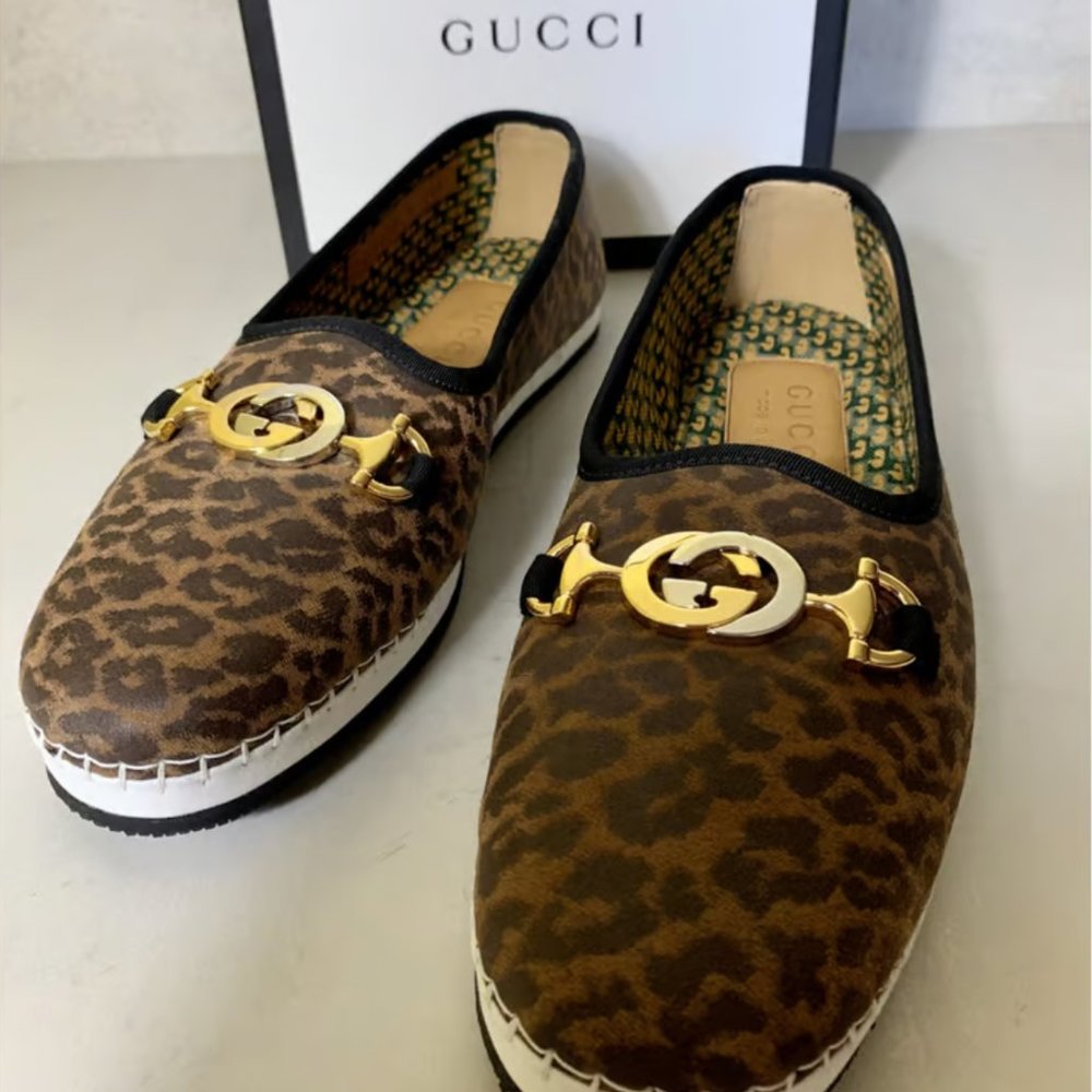 NWT - Gucci Leopard Mixed Metal Espadrilles Flats - Size 8